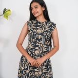 Dark blue mandarin cotton shirt dress(attached sleeves)