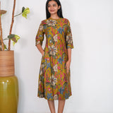Olive green mandarin floral cotton shirt dress