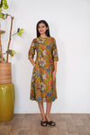 Olive green mandarin floral cotton shirt dress