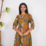 Olive green mandarin floral cotton shirt dress