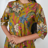 Olive green mandarin floral cotton shirt dress