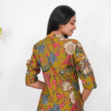Olive green mandarin floral cotton shirt dress