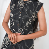 Black mandarin cotton shirt dress(attached sleeves)