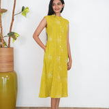 Mustard mandarin collar cotton shirt dress(attached sleeves)