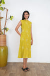 Mustard mandarin collar cotton shirt dress(attached sleeves)