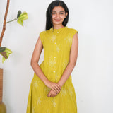 Mustard mandarin collar cotton shirt dress(attached sleeves)