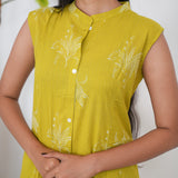 Mustard mandarin collar cotton shirt dress(attached sleeves)