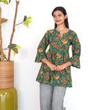 Green floral peplum cotton short kurti