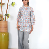 Off white and peach pintex cotton short kurti