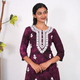 Wine chikankari cotton kurti