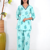Turquoise V neck cotton co-ords set