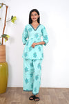 Turquoise V neck cotton co-ords set