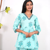 Turquoise V neck cotton co-ords set