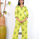 Lime green V neck cotton co-ords set