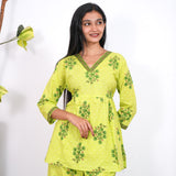 Lime green V neck cotton co-ords set