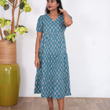 Sea blue katha cotton midi  dress