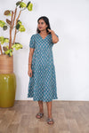 Sea blue katha cotton midi  dress