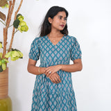 Sea blue katha cotton midi  dress