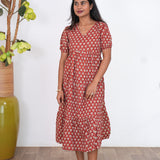 Red katha cotton midi dress
