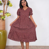 Maroon katha cotton midi  dress