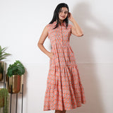 Peach button down cotton midi dress(attached sleeves)