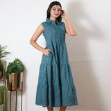 Peacock blue button down cotton midi dress(attached sleeves)