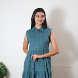 Peacock blue button down cotton midi dress(attached sleeves)