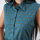 Peacock blue button down cotton midi dress(attached sleeves)