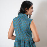 Peacock blue button down cotton midi dress(attached sleeves)