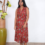 Crimson floral cotton shirt dress (attached sleeves)