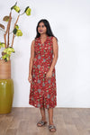 Crimson floral cotton shirt dress (attached sleeves)