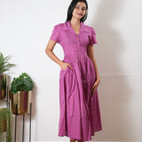 Magenta button down cotton midi dress