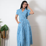 Azure button down cotton midi dress