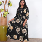 Pitch black mandarin collar a-line long gown