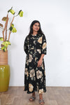 Pitch black mandarin collar a-line long gown