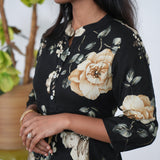 Pitch black mandarin collar a-line long gown