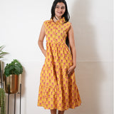 Marigold button down cotton midi dress(attached sleeves)