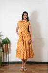 Marigold button down cotton midi dress(attached sleeves)