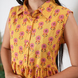 Marigold button down cotton midi dress(attached sleeves)