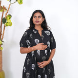 Black cotton maternity nursing midi dress