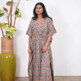 Beige hand block cotton kaftan