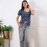 Blue floral button down cotton top