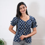 Blue floral button down cotton top