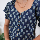 Blue floral button down cotton top