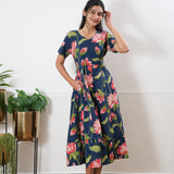 Royal blue lillies cotton midi dress