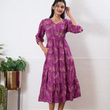 Magenta balloon sleeved cotton midi dress
