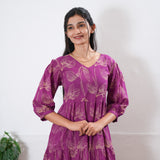 Magenta balloon sleeved cotton midi dress