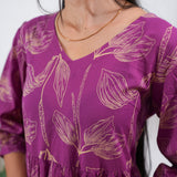 Magenta balloon sleeved cotton midi dress