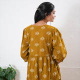 Mustard balloon sleeved cotton midi dress