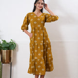 Mustard balloon sleeved cotton midi dress